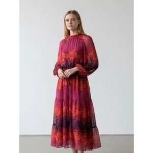 Melonie Maxi Dress Floral Print Purple Pink Red Long Sleeve Tiered Belted